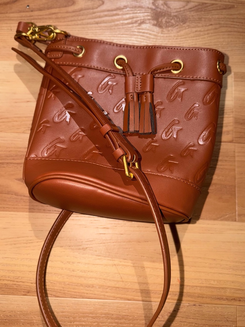Women's Tan Leather Crossbody Bucket Bag with Tassel